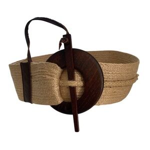 Unique Classic Tan and Brown Leather detail Belt with Raphia Woven Design